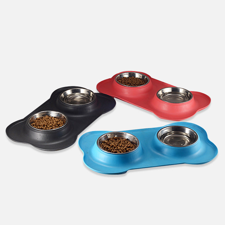 KFX-8526653 Bone-Shaped Silicone Double Bowl for Pets - Soft Plastic & Stainless Steel, Non-Slip, Easy to Clean, Dual-Purpose Design