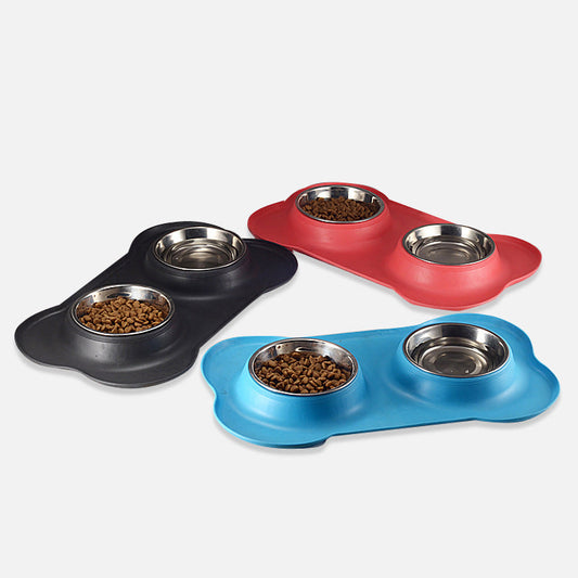 KFX-8526653 Bone-Shaped Silicone Double Bowl for Pets - Soft Plastic & Stainless Steel, Non-Slip, Easy to Clean, Dual-Purpose Design