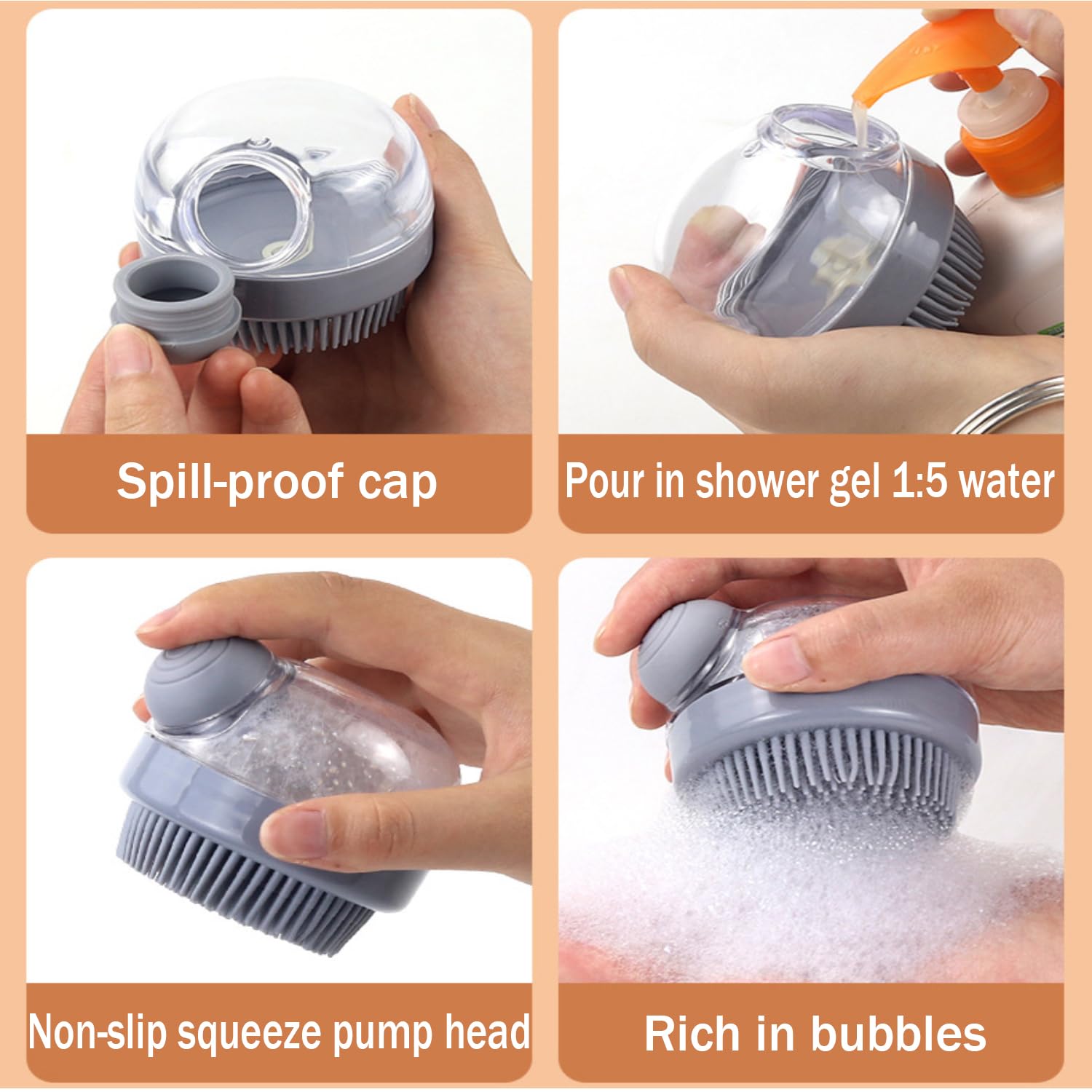 KFX-8527933 Soft Silicone Dog Brush with Soap Dispenser for Grooming and Massage - Pink and Grey