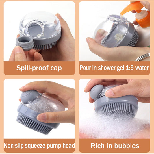 KFX-8527933 Soft Silicone Dog Brush with Soap Dispenser for Grooming and Massage - Pink and Grey