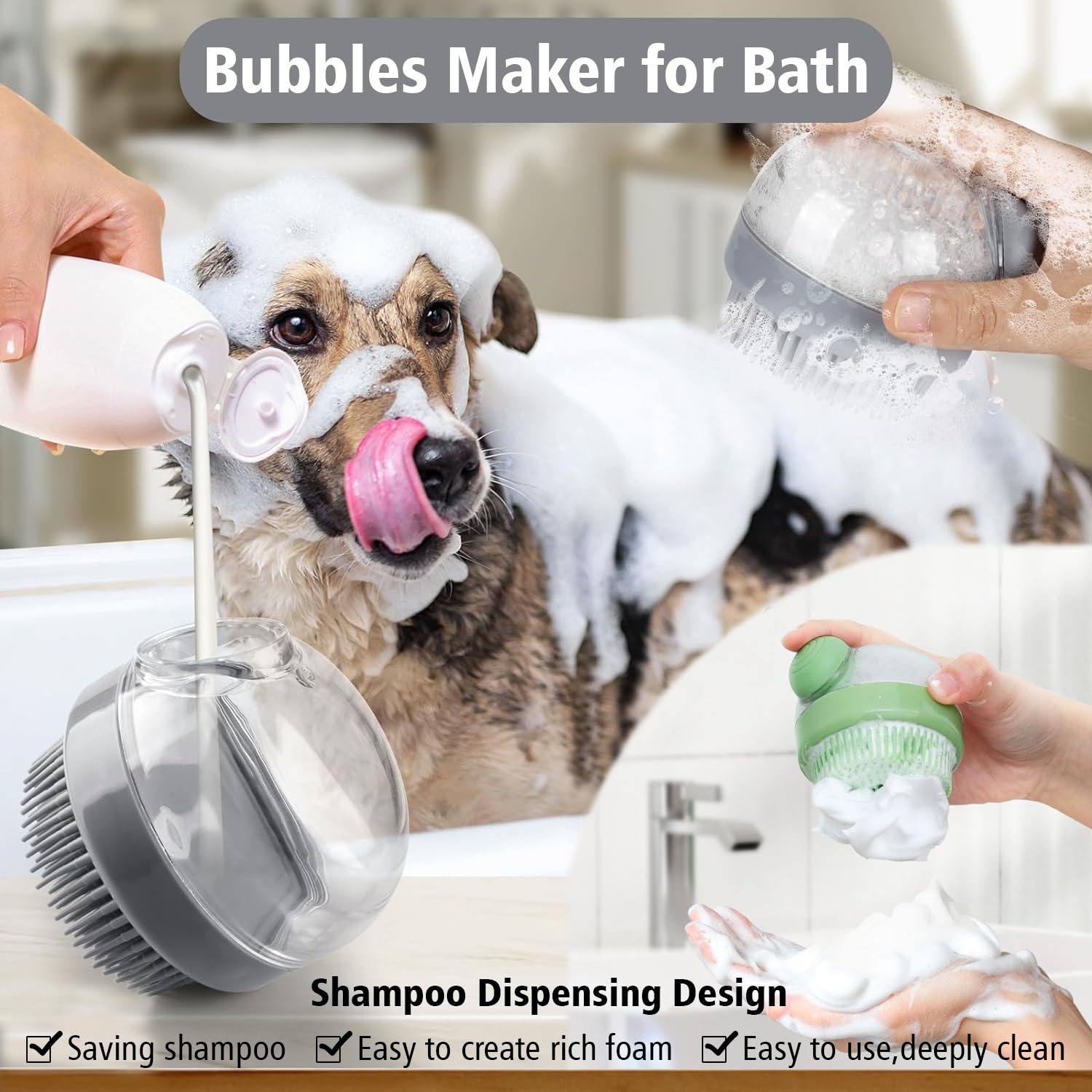 KFX-8527933 Soft Silicone Dog Brush with Soap Dispenser for Grooming and Massage - Pink and Grey