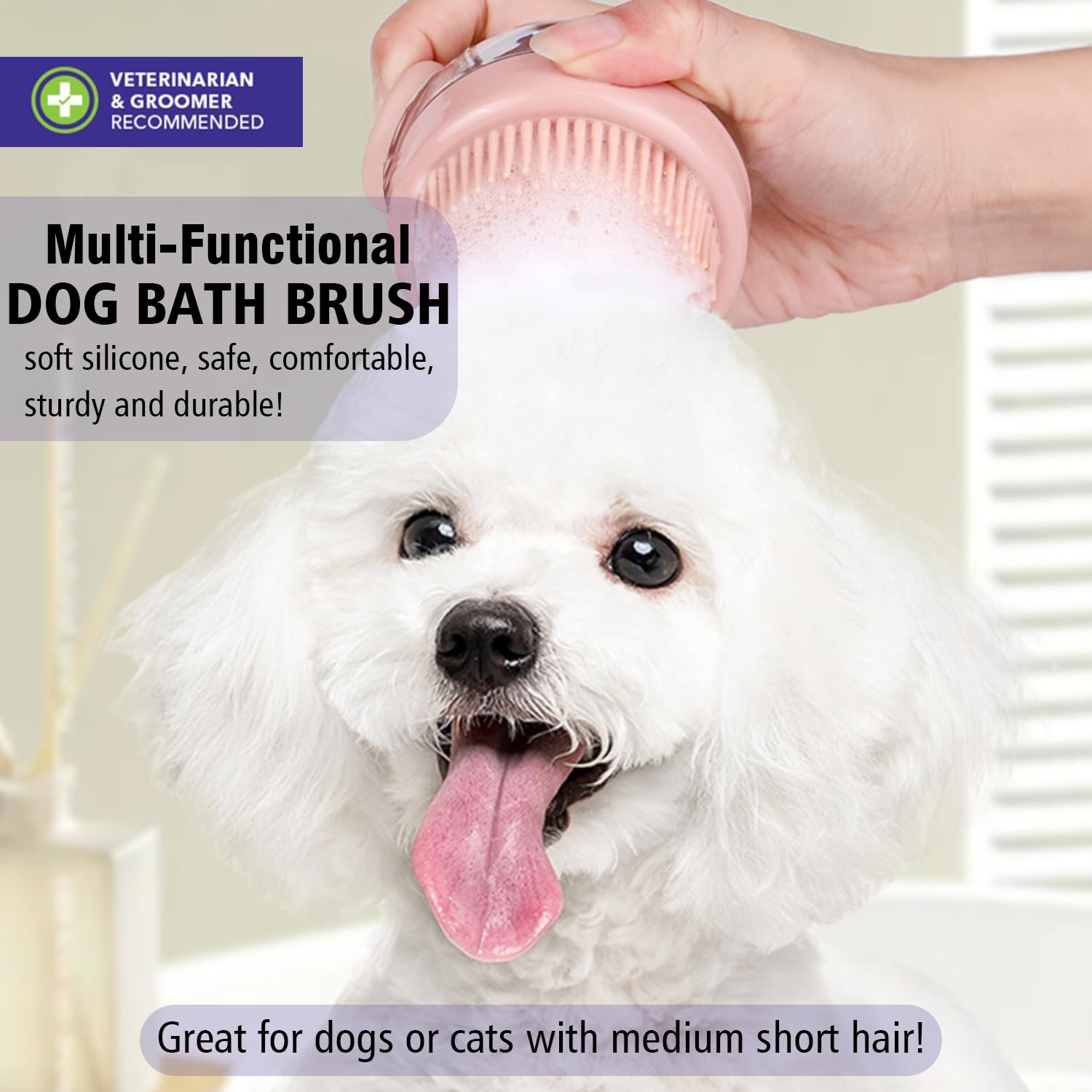 KFX-8527933 Soft Silicone Dog Brush with Soap Dispenser for Grooming and Massage - Pink and Grey