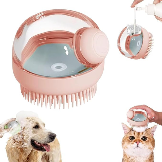 KFX-8527933 Soft Silicone Dog Brush with Soap Dispenser for Grooming and Massage - Pink and Grey