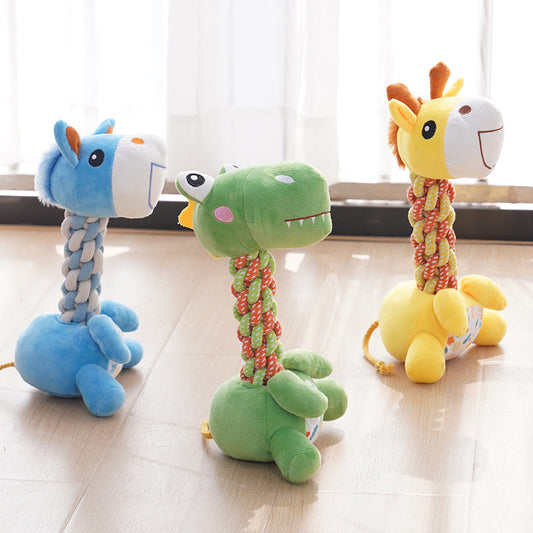 KFX-8529085 Bite-Resistant Plush Dog Toy with Hitches and Bends - Colorful Pony, Giraffe, and Dino Design