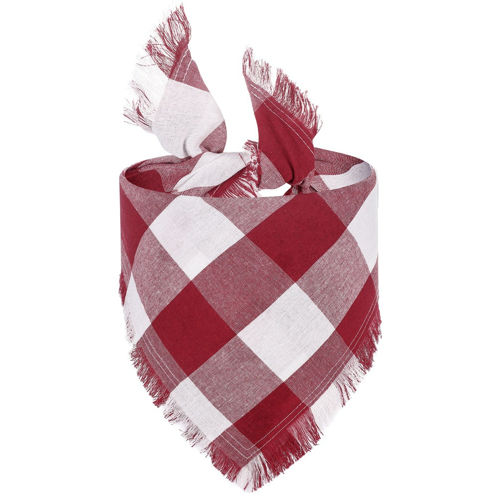 KFX-8533821 Check Pet Triangle Scarf with Tassel Detail - Stylish Grid Pattern Dog Accessory