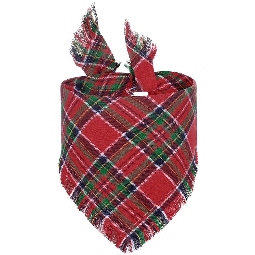 KFX-8533821 Check Pet Triangle Scarf with Tassel Detail - Stylish Grid Pattern Dog Accessory