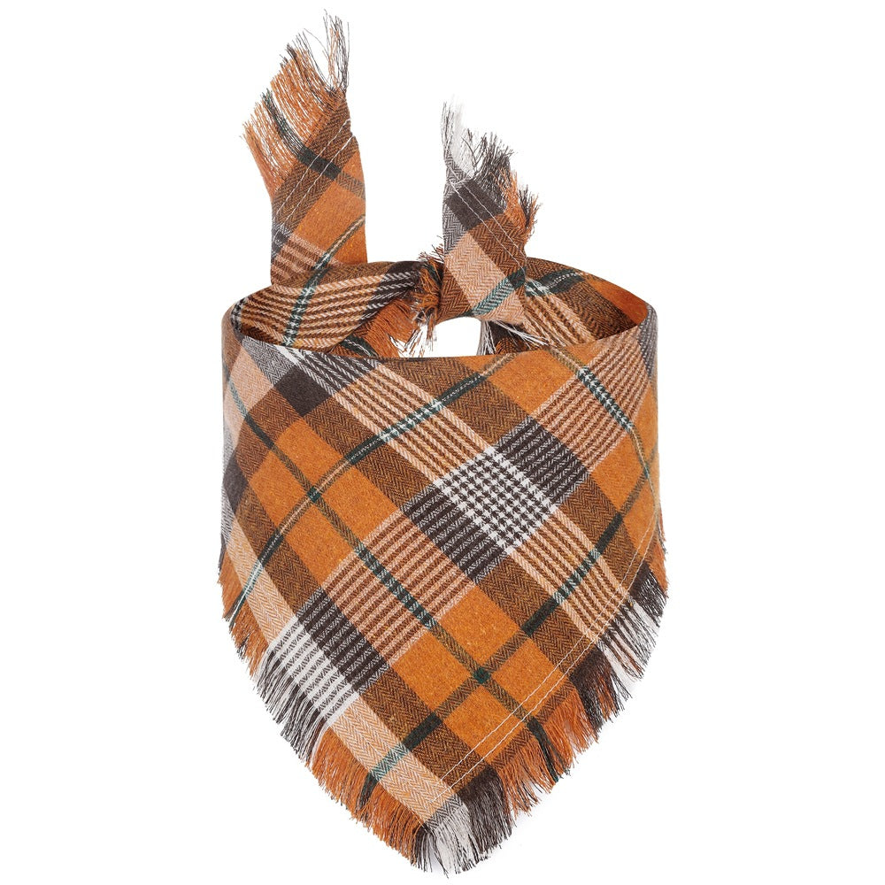 KFX-8533821 Check Pet Triangle Scarf with Tassel Detail - Stylish Grid Pattern Dog Accessory