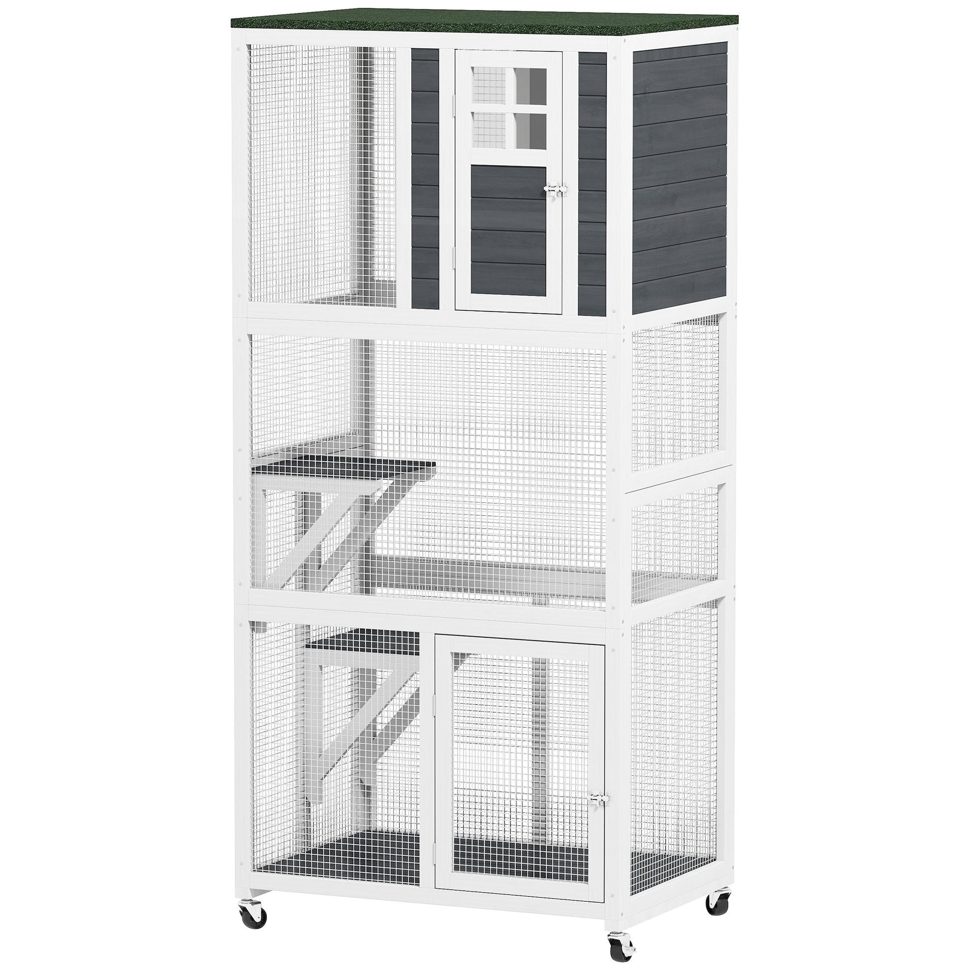 KFX-8536253 Outdoor Wooden Cat Enclosure with Weatherproof Roof and Wheels, 74" High, Holds Cats up to 13 lbs.