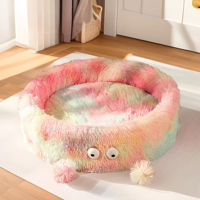 KFX-8540221 Cozy Round Monster Cat Bed for Dogs and Cats - Winter Warm Nest and Teaser Pad