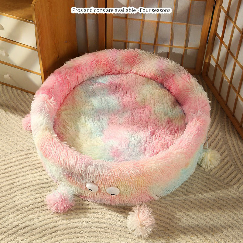 KFX-8540221 Cozy Round Monster Cat Bed for Dogs and Cats - Winter Warm Nest and Teaser Pad