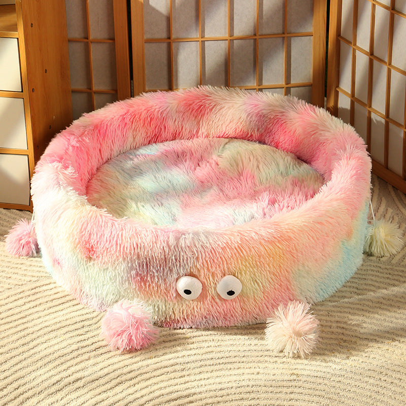 KFX-8540221 Cozy Round Monster Cat Bed for Dogs and Cats - Winter Warm Nest and Teaser Pad
