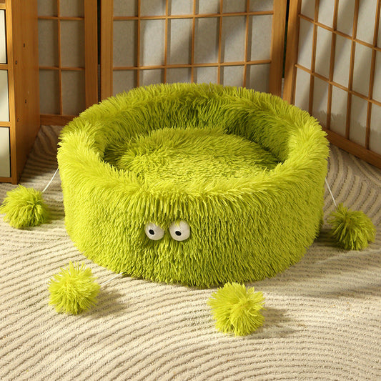 KFX-8540221 Cozy Round Monster Cat Bed for Dogs and Cats - Winter Warm Nest and Teaser Pad