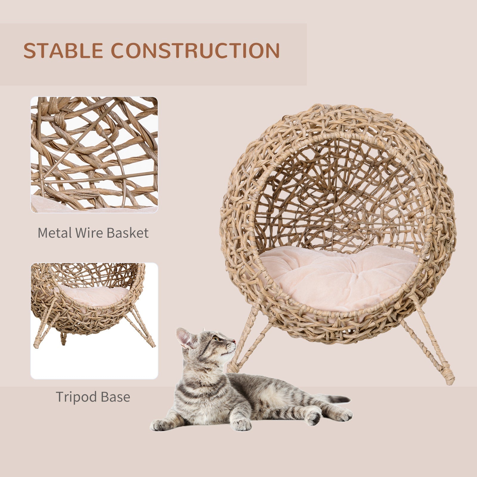 KFX-8540605 Elevated 20.5" Weaved Cat Bed with Soft Cushion - Hand-woven Braided Banana Leaf Condo for Cats Up to 11 lbs
