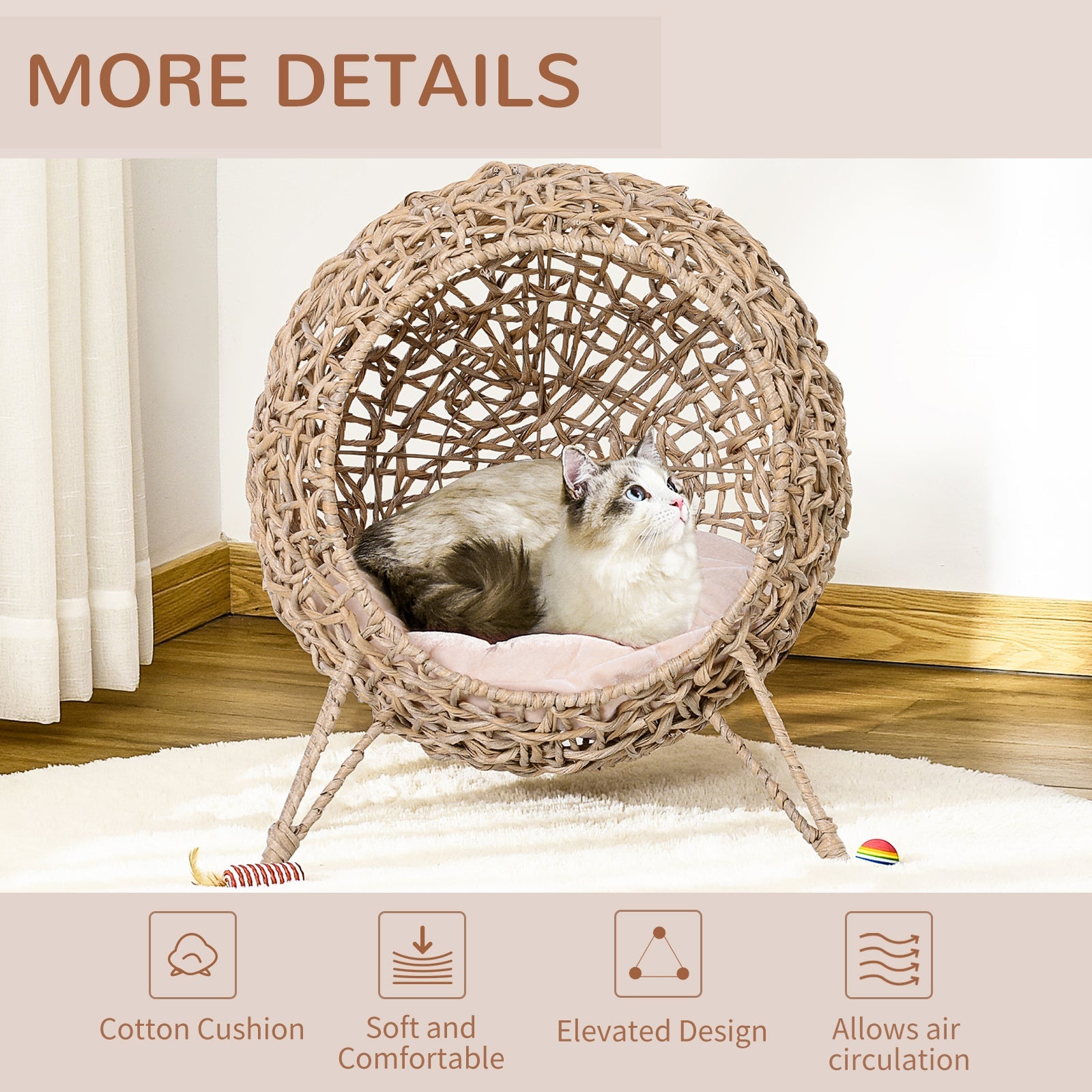 KFX-8540605 Elevated 20.5" Weaved Cat Bed with Soft Cushion - Hand-woven Braided Banana Leaf Condo for Cats Up to 11 lbs