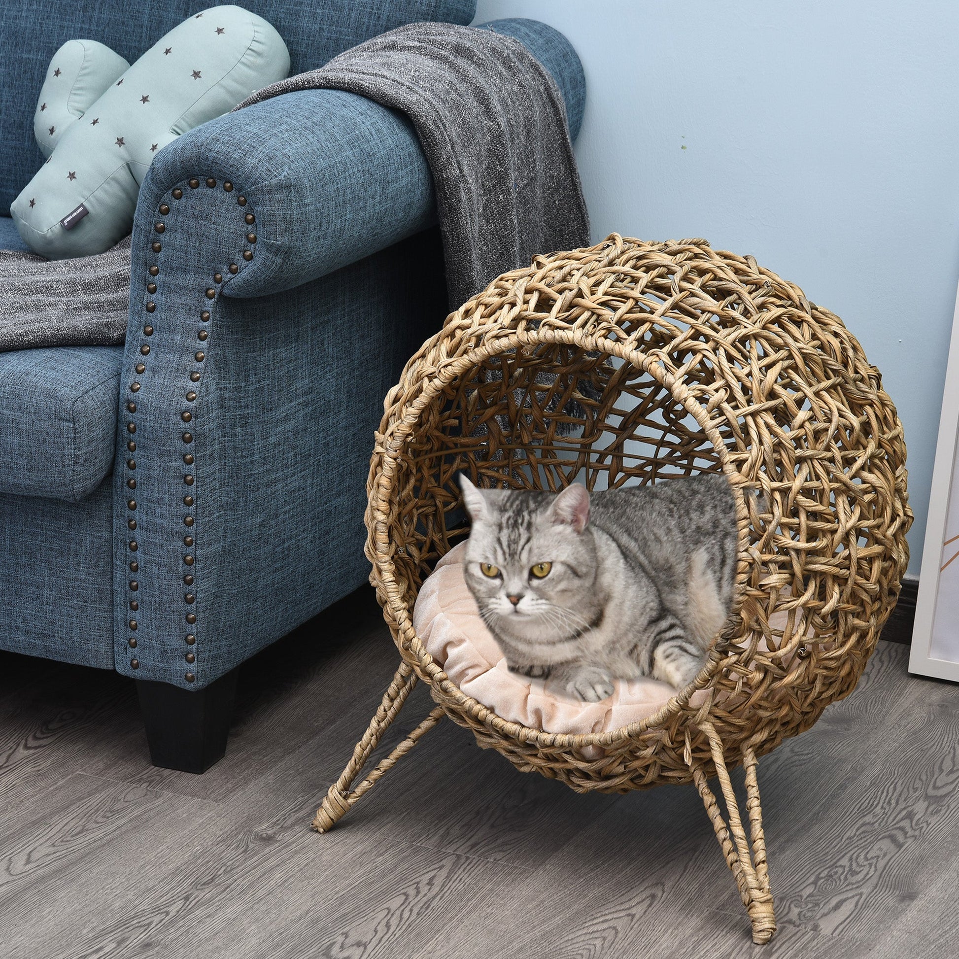 KFX-8540605 Elevated 20.5" Weaved Cat Bed with Soft Cushion - Hand-woven Braided Banana Leaf Condo for Cats Up to 11 lbs