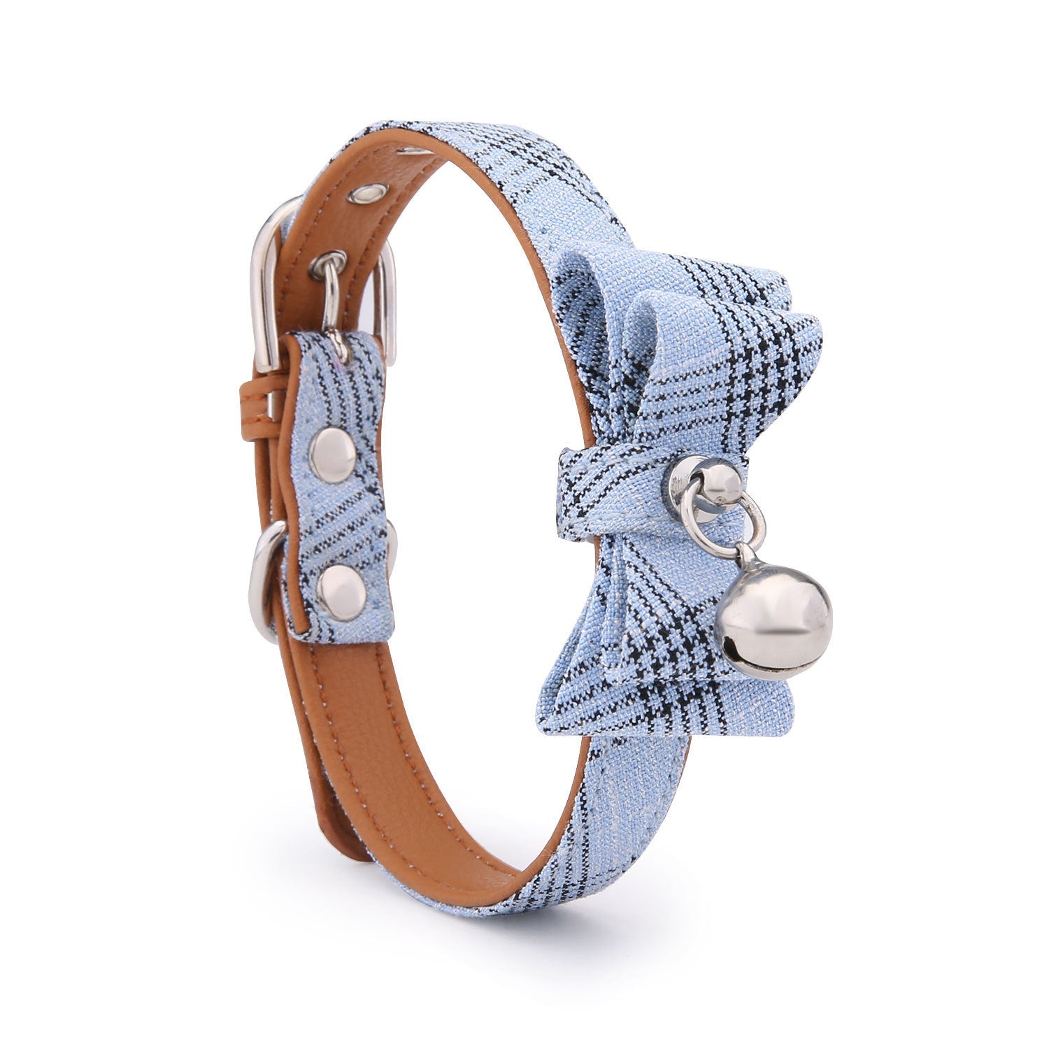 KFX-8543933 Diagonal Striped Cat Collar with Bell in Blue, Black, Pink, and Apricot