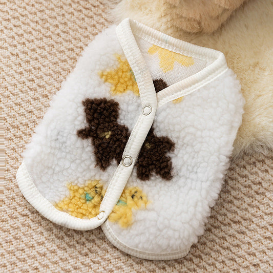 KFX-8546493 Cozy Teddy Bear Print Sherpa Pet Vest for Autumn and Winter