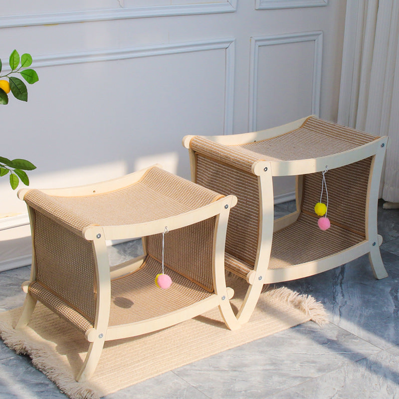 KFX-8547901 Double-Layered Solid Wood Cat Nest with Sisal Scratch Board for Comfort and Play