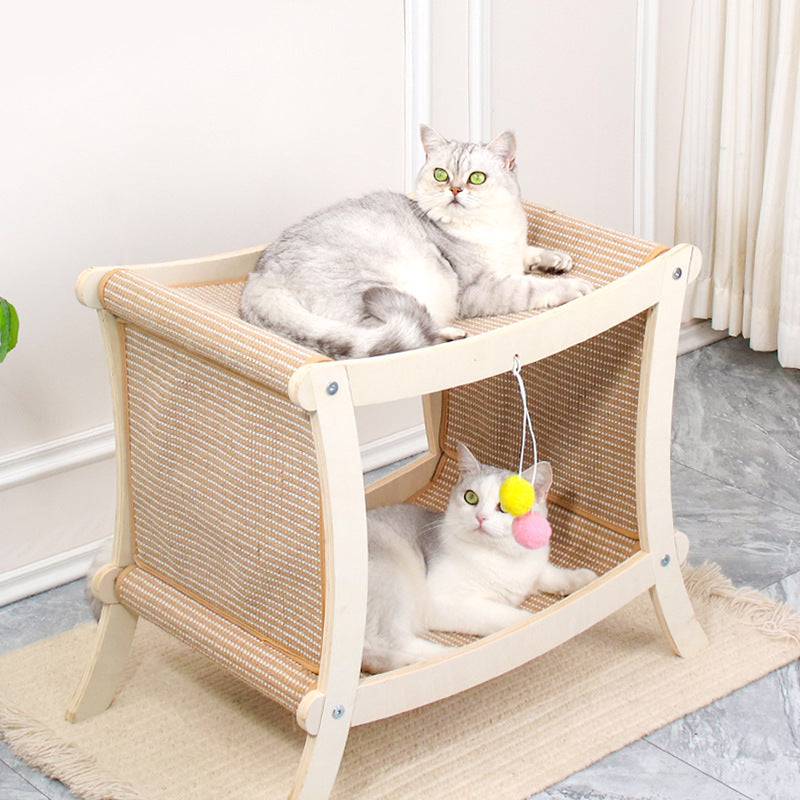 KFX-8547901 Double-Layered Solid Wood Cat Nest with Sisal Scratch Board for Comfort and Play