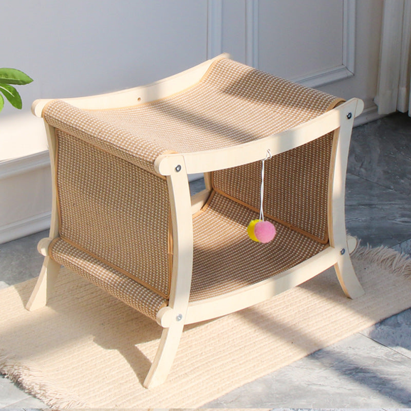 KFX-8547901 Double-Layered Solid Wood Cat Nest with Sisal Scratch Board for Comfort and Play