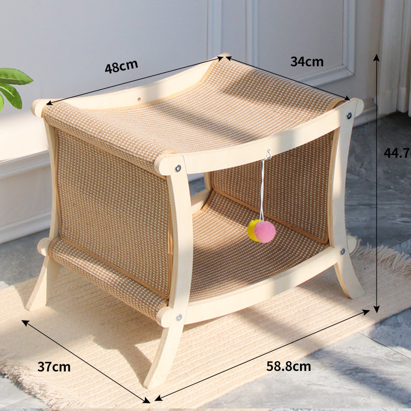 KFX-8547901 Double-Layered Solid Wood Cat Nest with Sisal Scratch Board for Comfort and Play