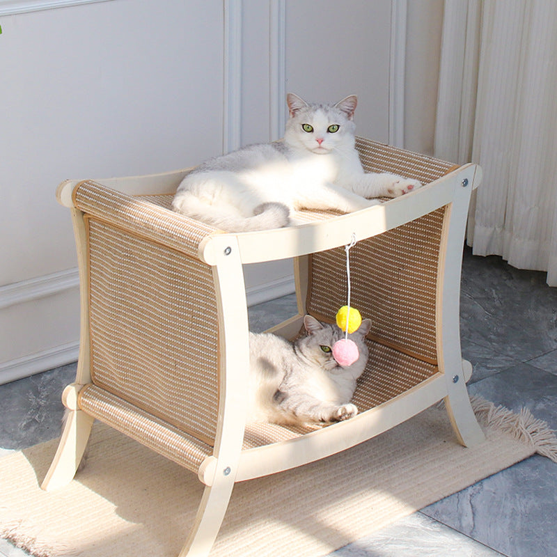 KFX-8547901 Double-Layered Solid Wood Cat Nest with Sisal Scratch Board for Comfort and Play