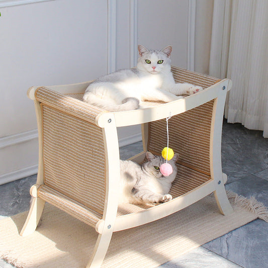 KFX-8547901 Double-Layered Solid Wood Cat Nest with Sisal Scratch Board for Comfort and Play