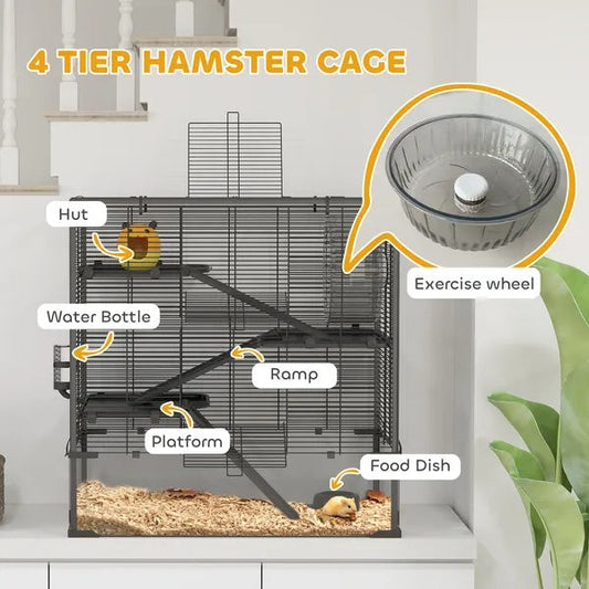 KFX-8551357 4-Tier Hamster Cage with Tempered Glass Bottom, Running Wheel, Hut, Water Bottle, and Food Dish