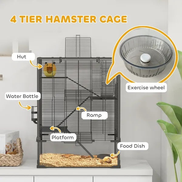 KFX-8551357 4-Tier Hamster Cage with Tempered Glass Bottom, Running Wheel, Hut, Water Bottle, and Food Dish
