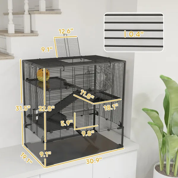 KFX-8551357 4-Tier Hamster Cage with Tempered Glass Bottom, Running Wheel, Hut, Water Bottle, and Food Dish