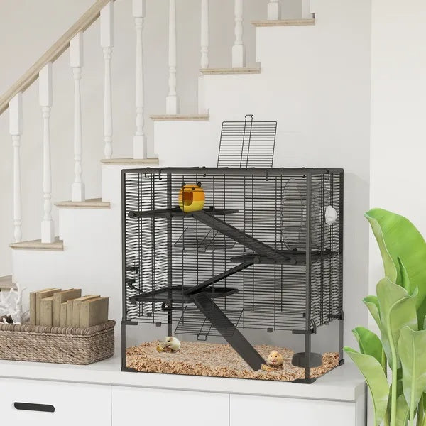 KFX-8551357 4-Tier Hamster Cage with Tempered Glass Bottom, Running Wheel, Hut, Water Bottle, and Food Dish