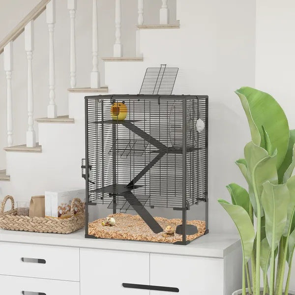 KFX-8551357 4-Tier Hamster Cage with Tempered Glass Bottom, Running Wheel, Hut, Water Bottle, and Food Dish