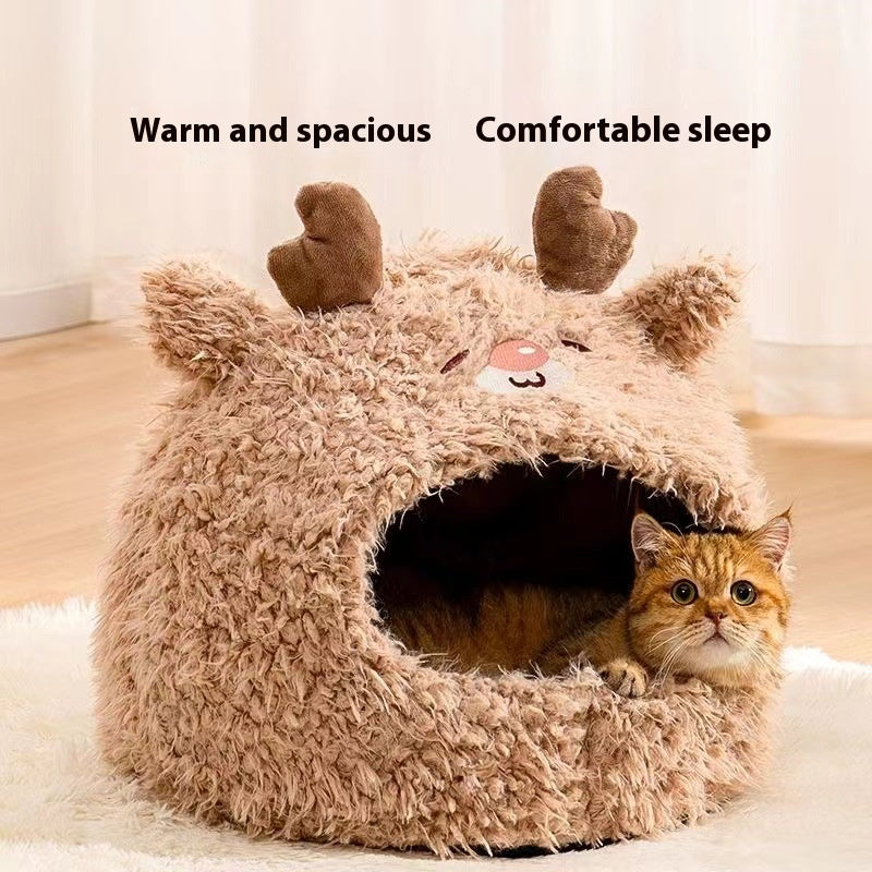 KFX-8551741 Cozy Plush Cat Nest in Three Sizes - White Bear, White Rabbit, Brown Deer Designs