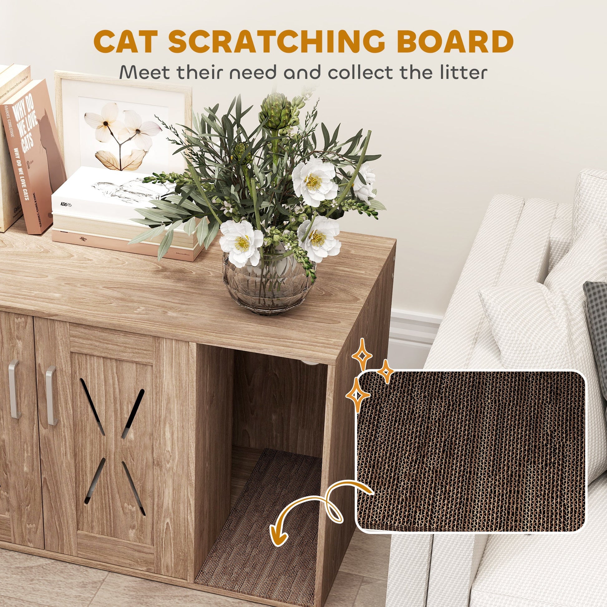 KFX-8564669 Cat Litter Box Enclosure with Scratching Board and Side Table Design in Walnut Brown, 31.5" x 19" x 20"