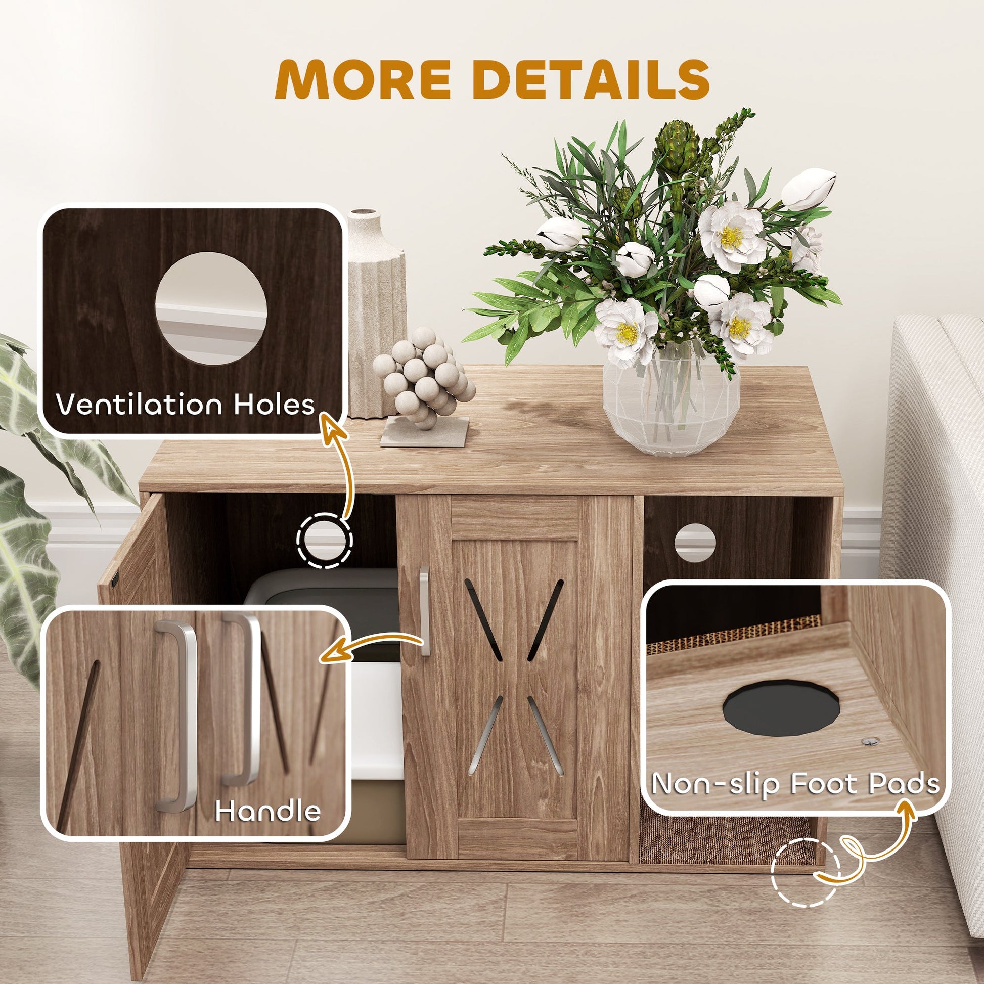 KFX-8564669 Cat Litter Box Enclosure with Scratching Board and Side Table Design in Walnut Brown, 31.5" x 19" x 20"