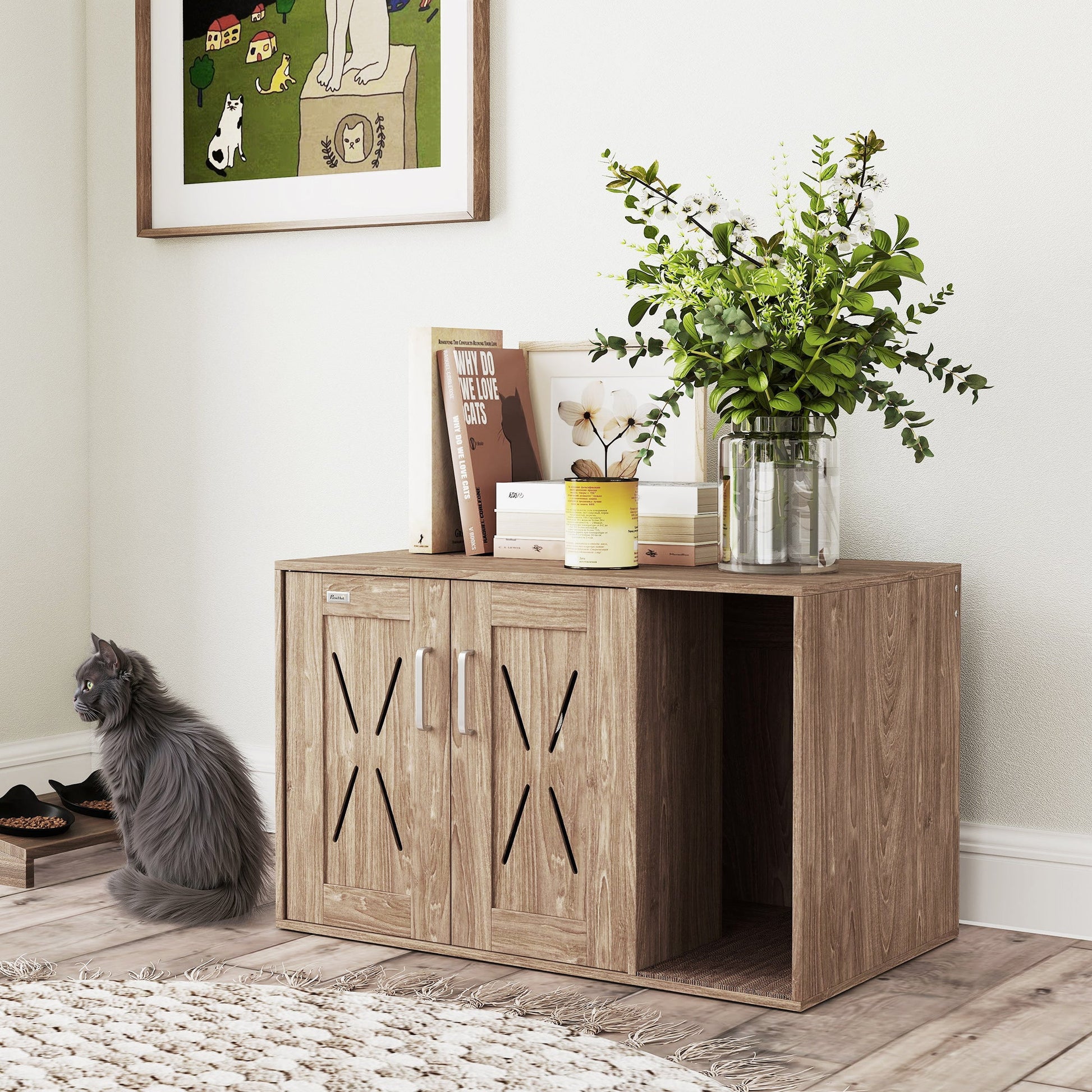 KFX-8564669 Cat Litter Box Enclosure with Scratching Board and Side Table Design in Walnut Brown, 31.5" x 19" x 20"