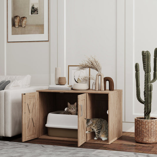 KFX-8564669 Cat Litter Box Enclosure with Scratching Board and Side Table Design in Walnut Brown, 31.5" x 19" x 20"