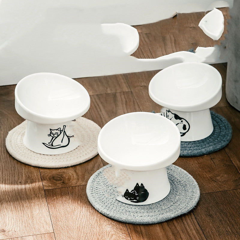 KFX-8565181 High-Foot Ceramic Pet Bowl with Elegant Patterns in White, Black, and Floral Designs