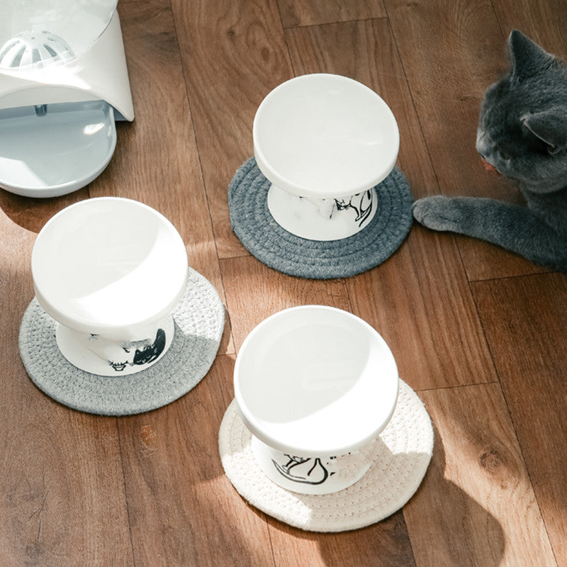 KFX-8565181 High-Foot Ceramic Pet Bowl with Elegant Patterns in White, Black, and Floral Designs