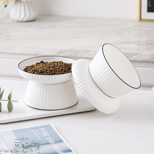 KFX-8569149 Ceramic Tall Cat Bowl with Anti-Overturn Design - Large Size, Striped and Pattern Options Available