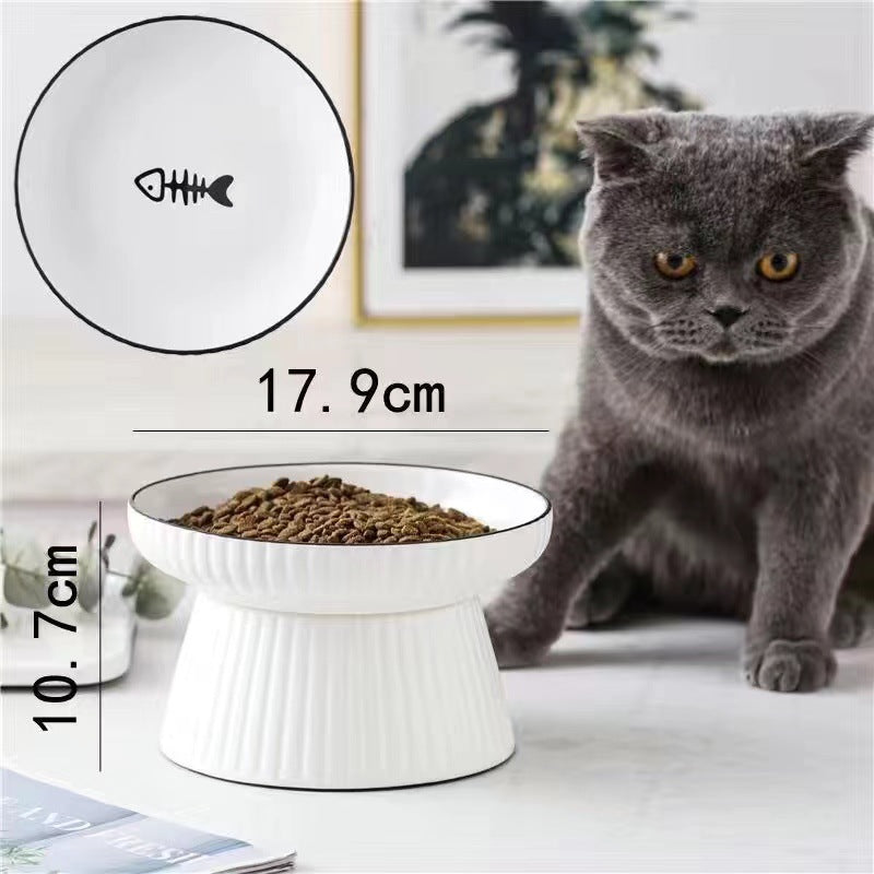 KFX-8569149 Ceramic Tall Cat Bowl with Anti-Overturn Design - Large Size, Striped and Pattern Options Available
