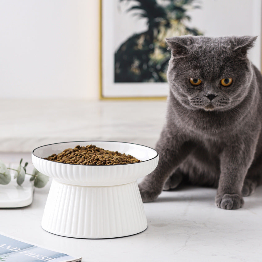 KFX-8569149 Ceramic Tall Cat Bowl with Anti-Overturn Design - Large Size, Striped and Pattern Options Available