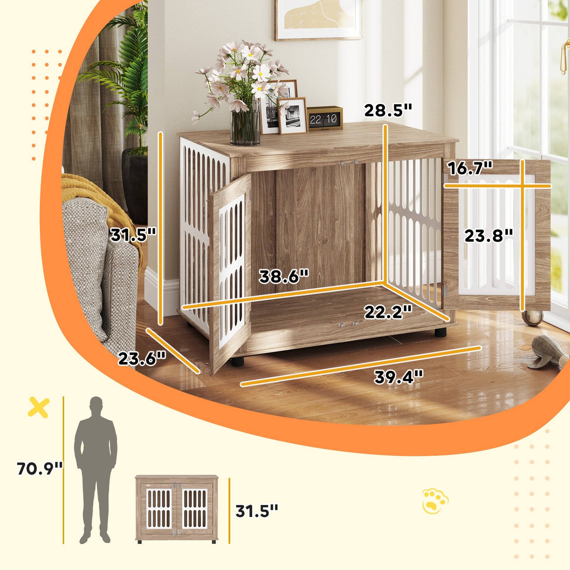 KFX-8578365 Walnut Brown Dog Crate Furniture with Double Doors and Adjustable Feet for Large Dogs