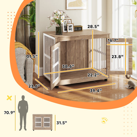 KFX-8578365 Walnut Brown Dog Crate Furniture with Double Doors and Adjustable Feet for Large Dogs