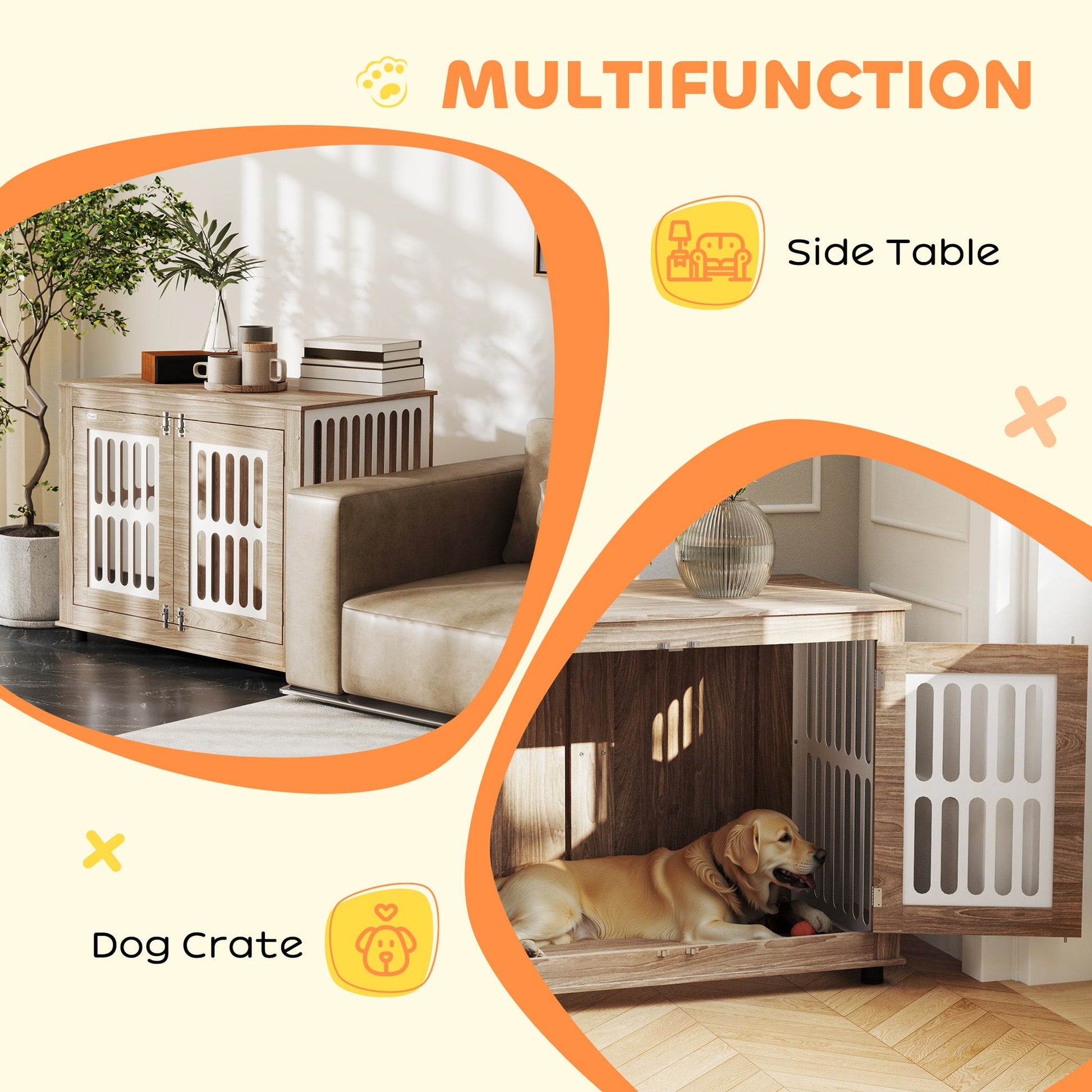 KFX-8578365 Walnut Brown Dog Crate Furniture with Double Doors and Adjustable Feet for Large Dogs