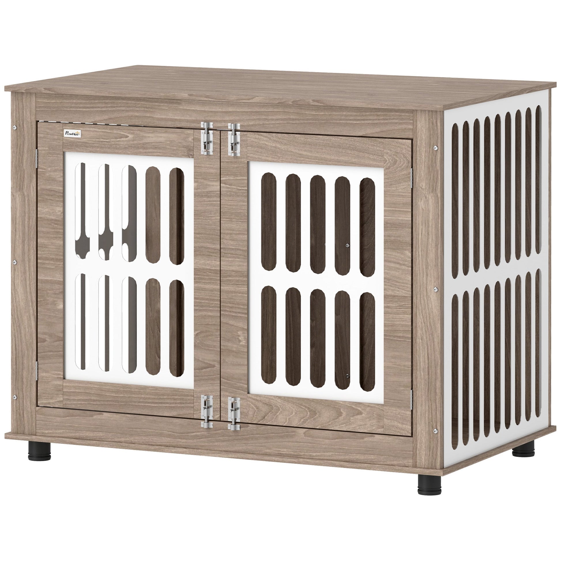 KFX-8578365 Walnut Brown Dog Crate Furniture with Double Doors and Adjustable Feet for Large Dogs
