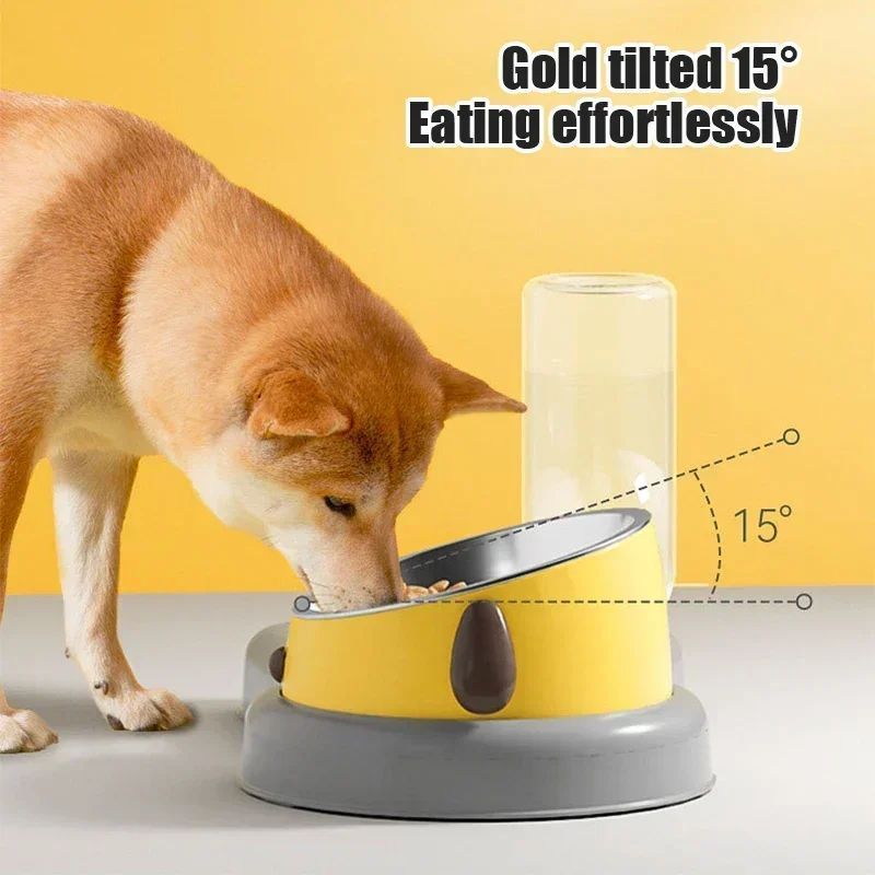 KFX-8584253 2-in-1 Pet Feeder Bowl and Water Dispenser with 15-Degree Tilt Design for Cats and Small Dogs