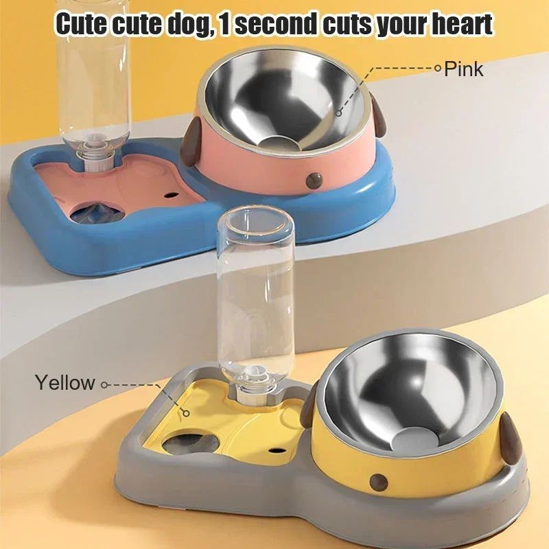 KFX-8584253 2-in-1 Pet Feeder Bowl and Water Dispenser with 15-Degree Tilt Design for Cats and Small Dogs