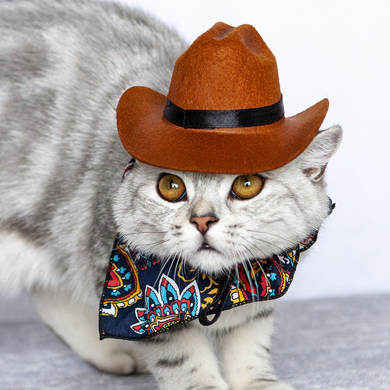 KFX-8585277 Pet Cat Cowboy Straw Hat - Stylish Brown Cowboy Hat for All Seasons, Free Size