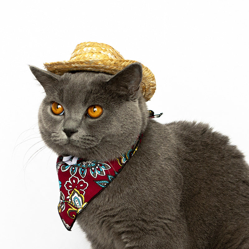 KFX-8585277 Pet Cat Cowboy Straw Hat - Stylish Brown Cowboy Hat for All Seasons, Free Size